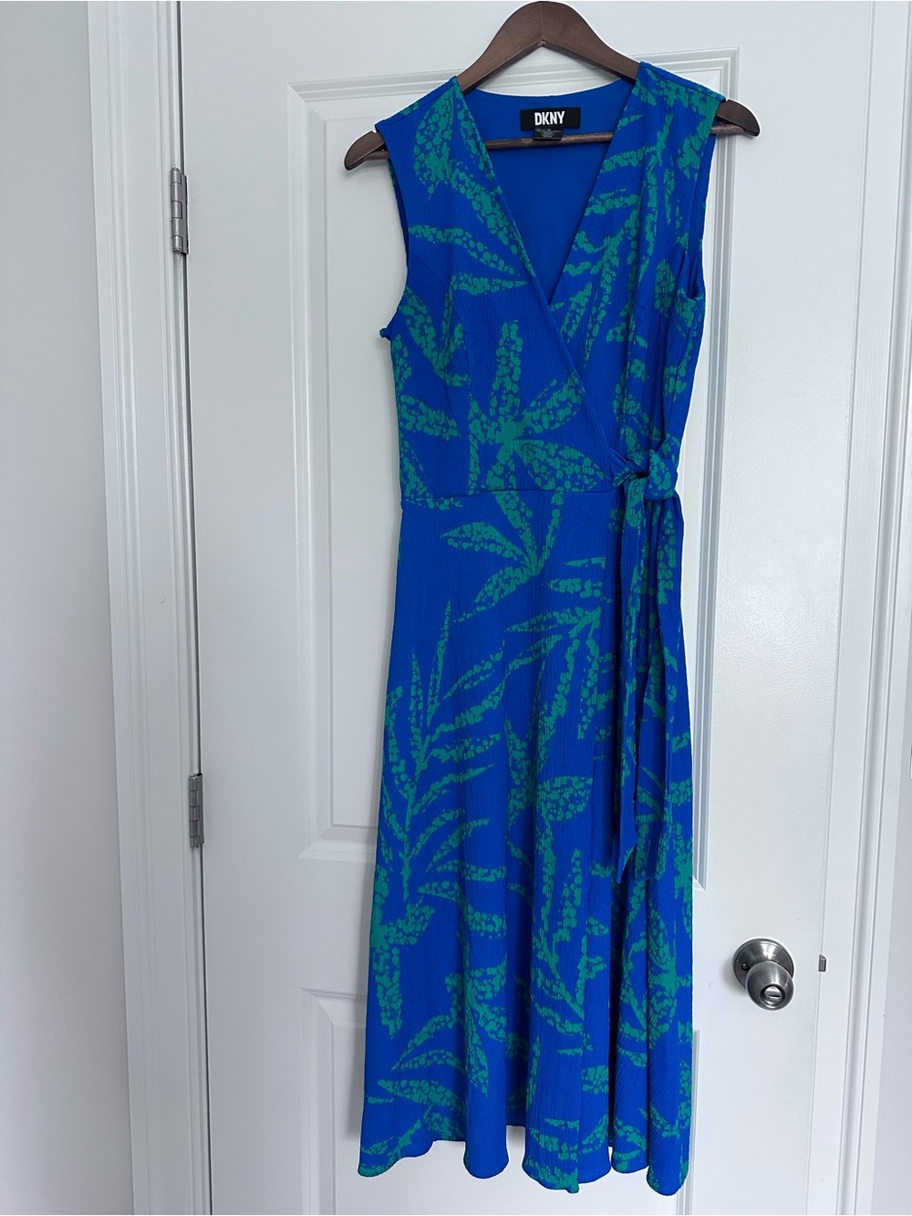 DKNY Blue Wrap Midi Dress with Green Leaf Print